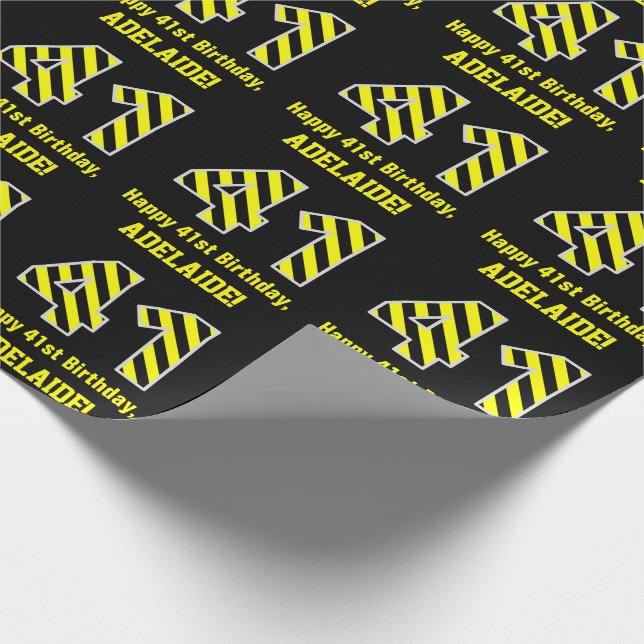 Papel De Regalo Black & Yellow Striped "41"; 41st Birthday + Name (Esquina)