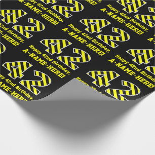 Papel De Regalo Black & Yellow Striped "42"; 42nd Birthday + Name