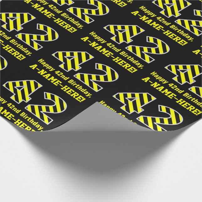 Papel De Regalo Black & Yellow Striped "42"; 42nd Birthday + Name (Esquina)