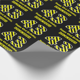 Papel De Regalo Black & Yellow Striped "43"; 43rd Birthday + Name