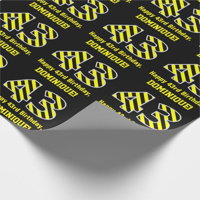 Papel De Regalo Black & Yellow Striped "43"; 43rd Birthday + Name (Esquina)