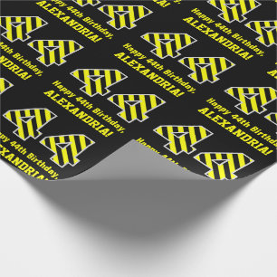 Papel De Regalo Black & Yellow Striped "44"; 44th Birthday + Name