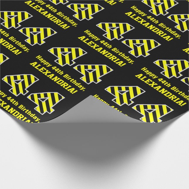 Papel De Regalo Black & Yellow Striped "44"; 44th Birthday + Name (Esquina)