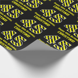 Papel De Regalo Black & Yellow Striped "45"; 45th Birthday + Name