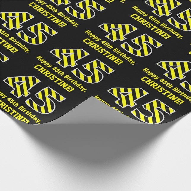 Papel De Regalo Black & Yellow Striped "45"; 45th Birthday + Name (Esquina)