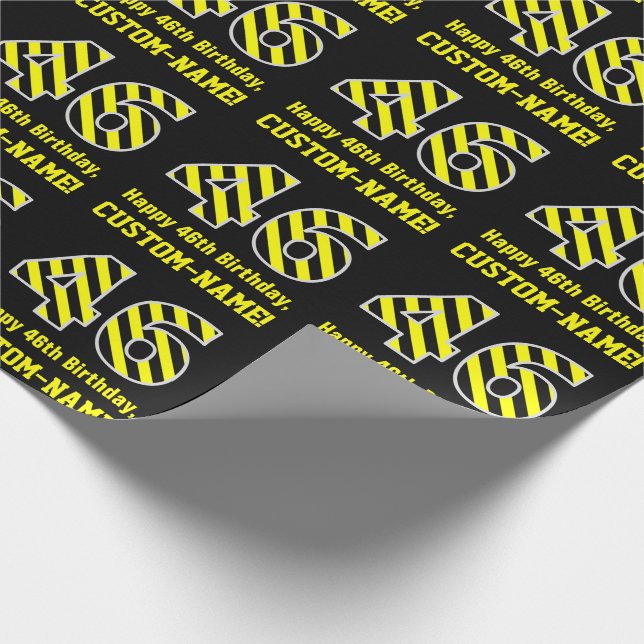 Papel De Regalo Black & Yellow Striped "46"; 46th Birthday + Name (Esquina)