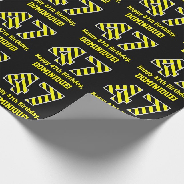 Papel De Regalo Black & Yellow Striped "47"; 47th Birthday + Name (Esquina)