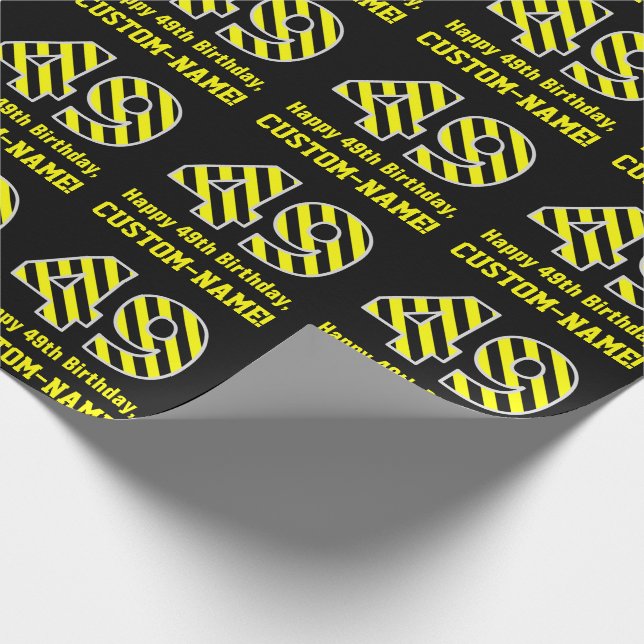 Papel De Regalo Black & Yellow Striped "49"; 49th Birthday + Name (Esquina)