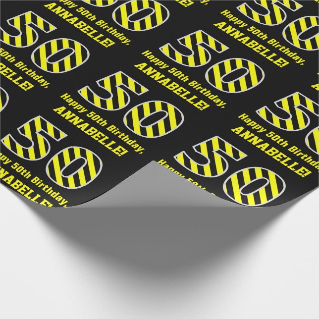 Papel De Regalo Black & Yellow Striped "50"; 50 cumpleaños + Nombr (Esquina)