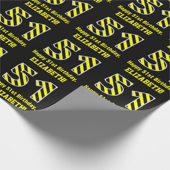 Papel De Regalo Black & Yellow Striped "51"; 51st Birthday + Name (Esquina)