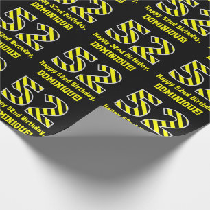 Papel De Regalo Black & Yellow Striped "52"; 52nd Birthday + Name