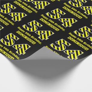 Papel De Regalo Black & Yellow Striped "54"; 54th Birthday + Name
