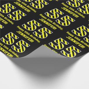 Papel De Regalo Black & Yellow Striped "55"; 55th Birthday + Name