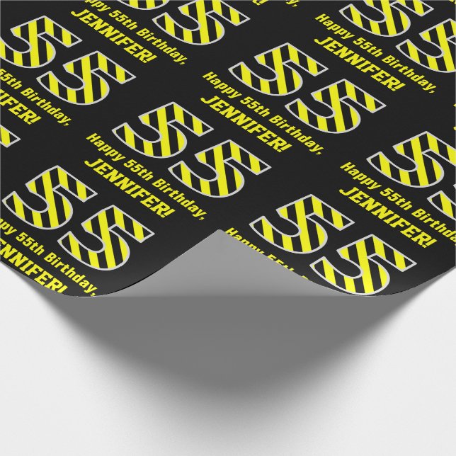 Papel De Regalo Black & Yellow Striped "55"; 55th Birthday + Name (Esquina)