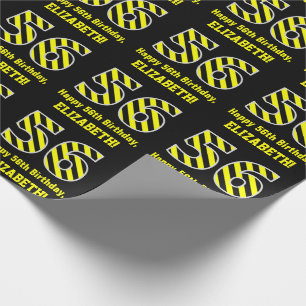 Papel De Regalo Black & Yellow Striped "56"; 56th Birthday + Name