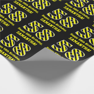 Papel De Regalo Black & Yellow Striped "58"; 58th Birthday + Name