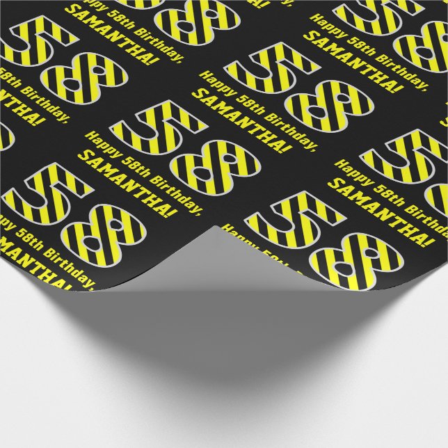 Papel De Regalo Black & Yellow Striped "58"; 58th Birthday + Name (Esquina)
