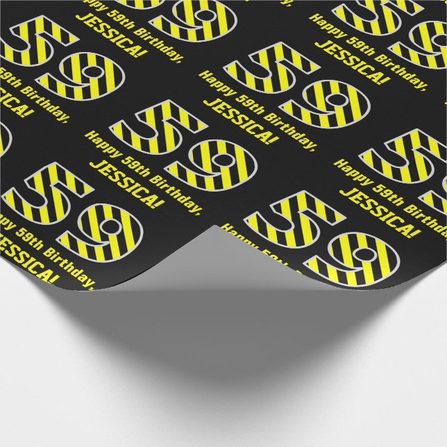 Papel De Regalo Black & Yellow Striped "59"; 59th Birthday + Name (Esquina)