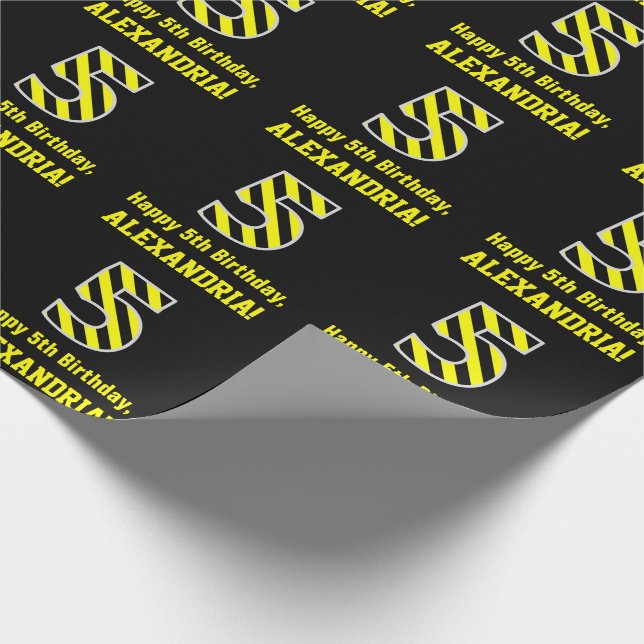Papel De Regalo Black & Yellow Striped "5"; 5º cumpleaños + Nombre (Esquina)