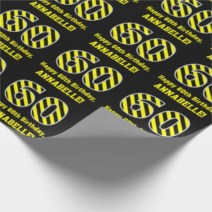Papel De Regalo Black & Yellow Striped "60"; 60th Birthday + Name