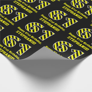 Papel De Regalo Black & Yellow Striped "61"; 61st Birthday + Name