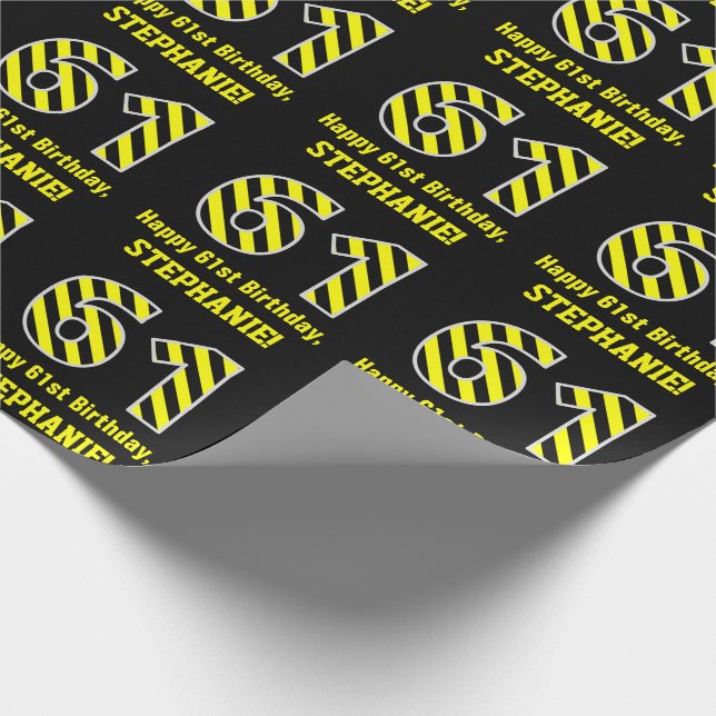 Papel De Regalo Black & Yellow Striped "61"; 61st Birthday + Name (Esquina)