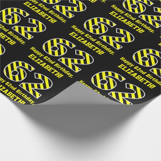 Papel De Regalo Black & Yellow Striped "62"; 62nd Birthday + Name (Esquina)