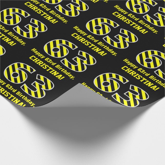 Papel De Regalo Black & Yellow Striped "63"; 63rd Birthday + Name (Esquina)