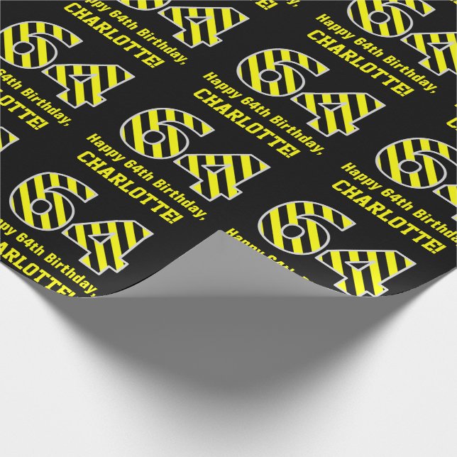 Papel De Regalo Black & Yellow Striped "64"; 64th Birthday + Name (Esquina)