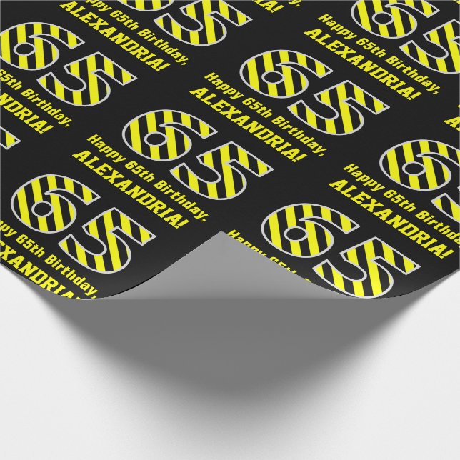 Papel De Regalo Black & Yellow Striped "65"; 65th Birthday + Name (Esquina)
