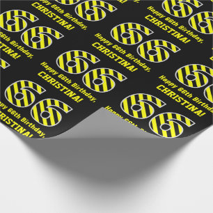 Papel De Regalo Black & Yellow Striped "66"; 66th Birthday + Name