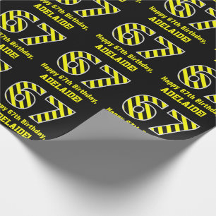 Papel De Regalo Black & Yellow Striped "67"; 67th Birthday + Name