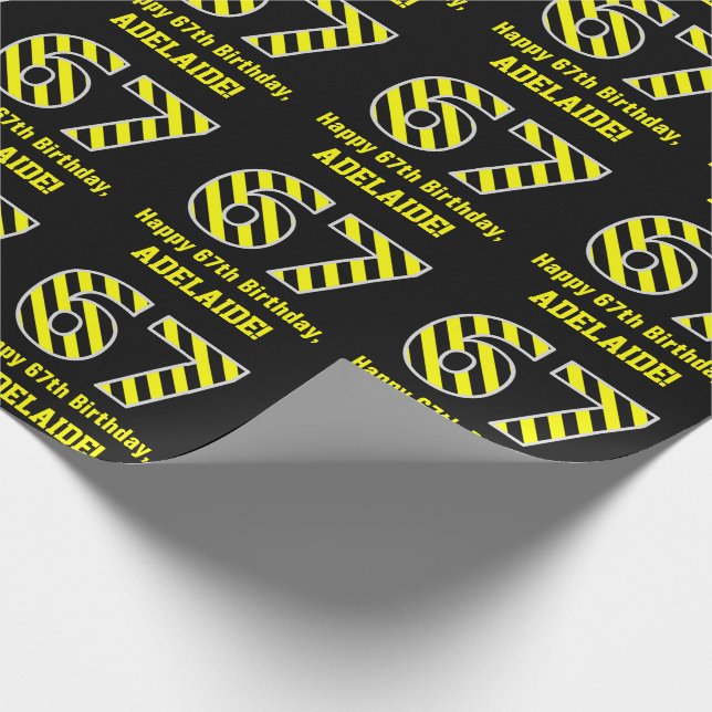 Papel De Regalo Black & Yellow Striped "67"; 67th Birthday + Name (Esquina)