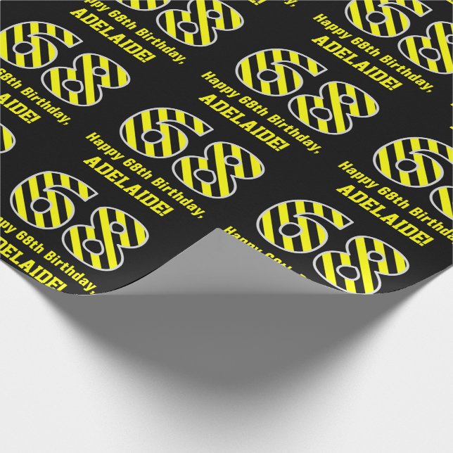 Papel De Regalo Black & Yellow Striped "68"; 68th Birthday + Name (Esquina)