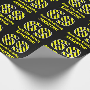 Papel De Regalo Black & Yellow Striped "69"; 69th Birthday + Name