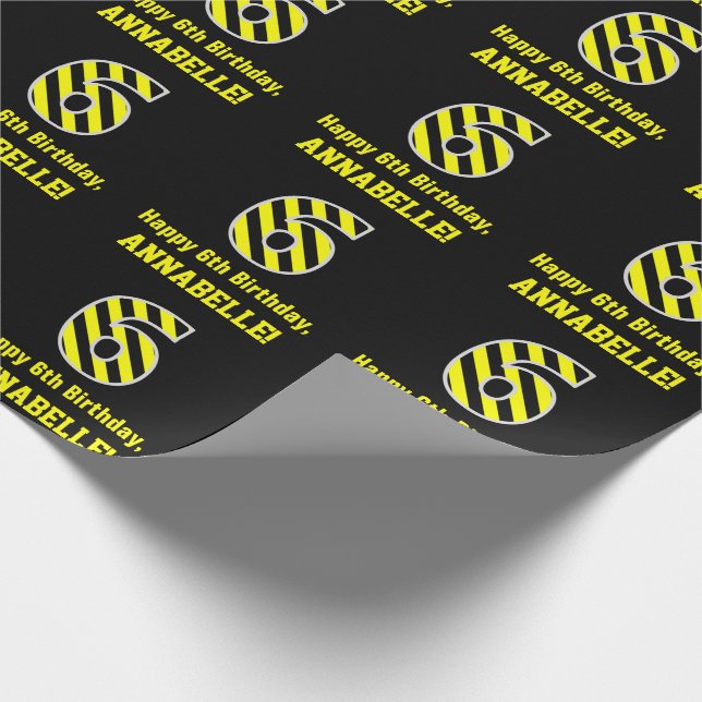 Papel De Regalo Black & Yellow Striped "6"; 6º Cumpleaños + Nombre (Esquina)