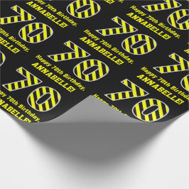 Papel De Regalo Black & Yellow Striped "70"; 70th Birthday + Name