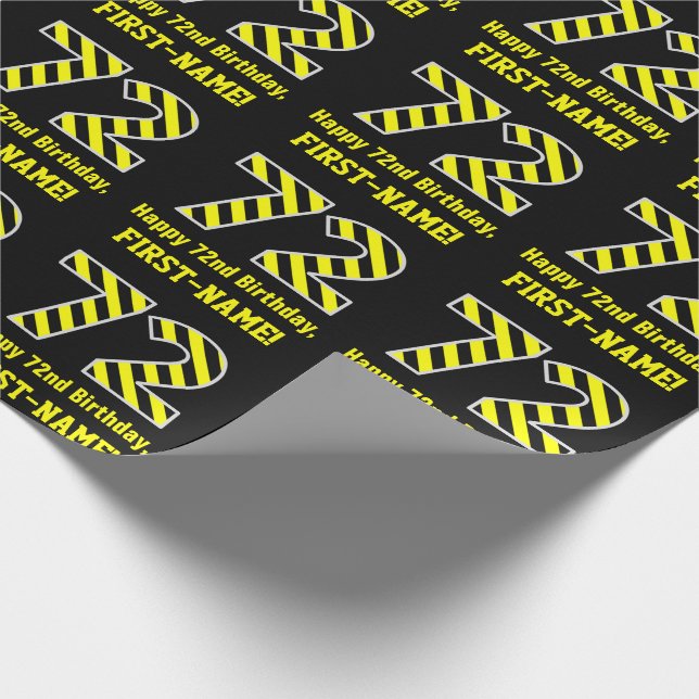 Papel De Regalo Black & Yellow Striped "72"; 72nd Birthday + Name (Esquina)