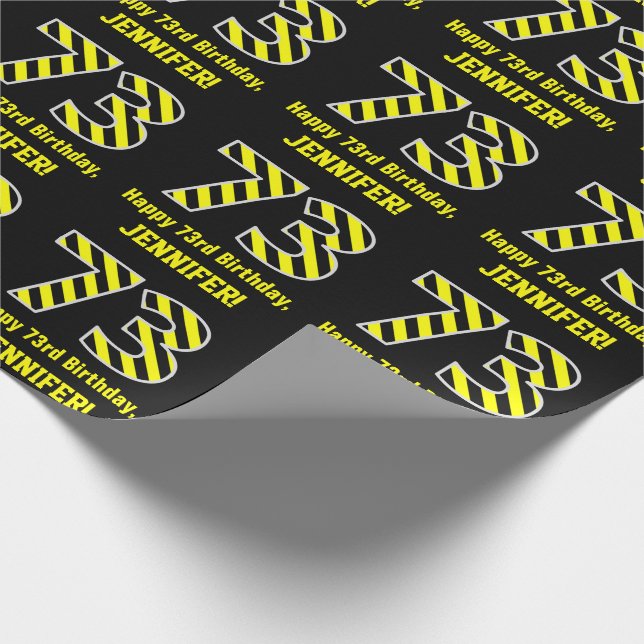 Papel De Regalo Black & Yellow Striped "73"; 73rd Birthday + Name (Esquina)
