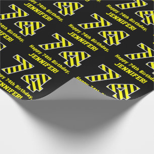 Papel De Regalo Black & Yellow Striped "74"; 74th Birthday + Name