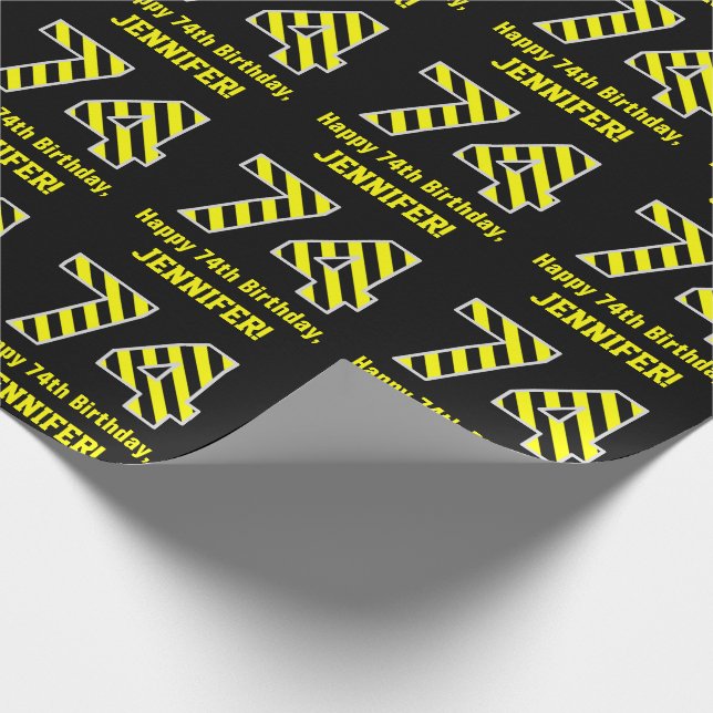 Papel De Regalo Black & Yellow Striped "74"; 74th Birthday + Name (Esquina)