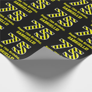 Papel De Regalo Black & Yellow Striped "75"; 75.º cumpleaños + nom