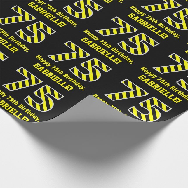 Papel De Regalo Black & Yellow Striped "75"; 75th Birthday + Name (Esquina)