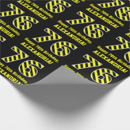 Papel De Regalo Black & Yellow Striped "76"; 76th Birthday + Name