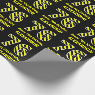 Papel De Regalo Black & Yellow Striped "76"; 76th Birthday + Name