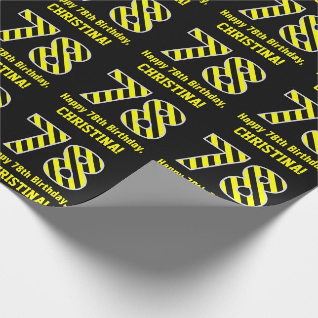 Papel De Regalo Black & Yellow Striped "78"; 78th Birthday + Name (Esquina)