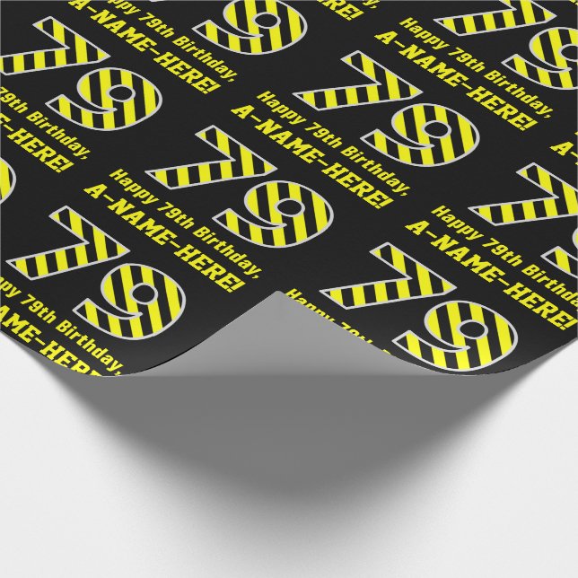 Papel De Regalo Black & Yellow Striped "79"; 79th Birthday + Name (Esquina)