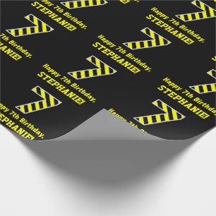 Papel De Regalo Black & Yellow Striped "7"; 7º cumpleaños + Nombre