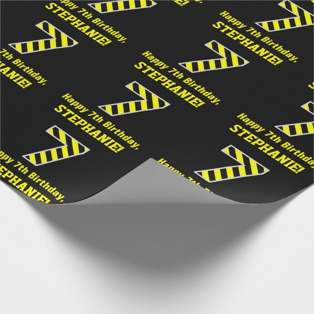 Papel De Regalo Black & Yellow Striped "7"; 7º cumpleaños + Nombre (Esquina)