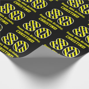Papel De Regalo Black & Yellow Striped "80"; 80th Birthday + Name